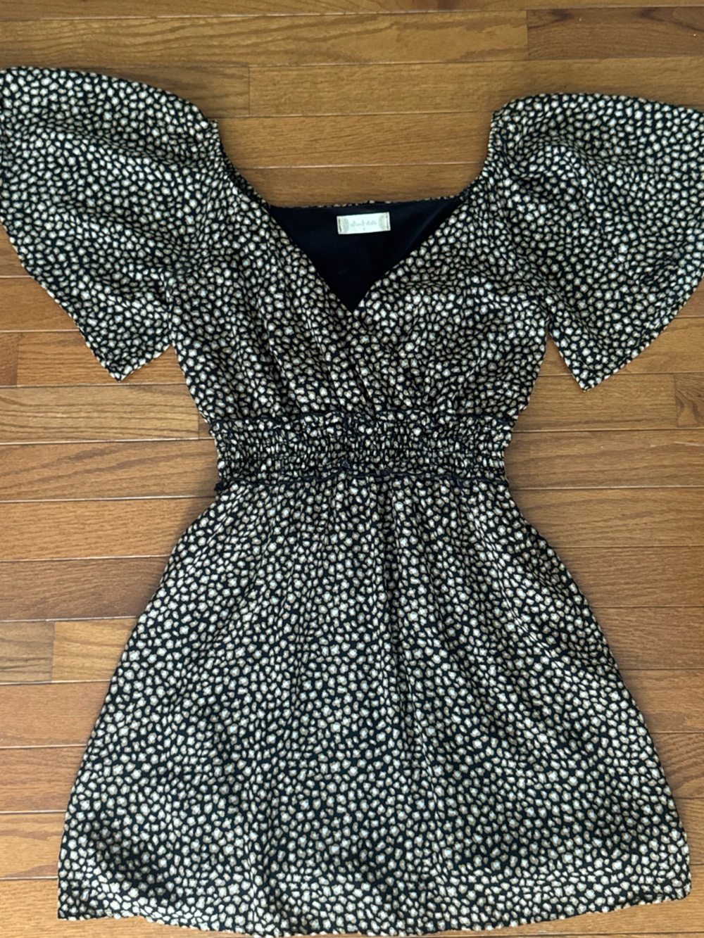Altar'd State Black and Cream Smocked Waist Flutter Sleeve Dress